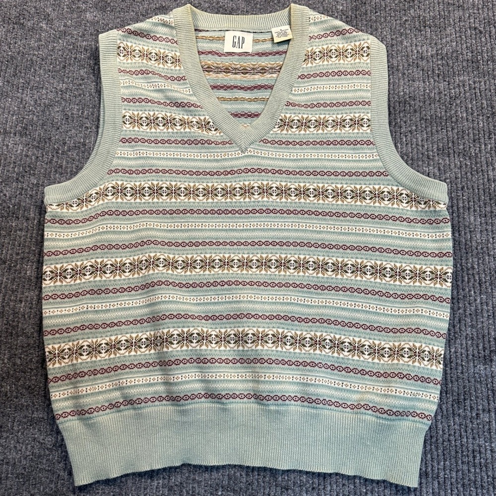 Gap Vintage Fair Isle Sweater Vest Small Blue Knit Cotton V-Neck